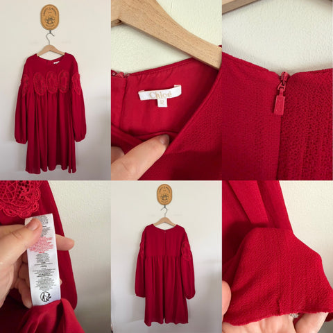 Chloe l/s red lace dress Sz 12 as new but 1cm mended at hem as pictured