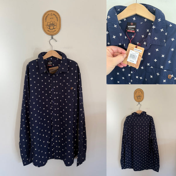 Bauhaus navy button up shirt Sz 14 NWT