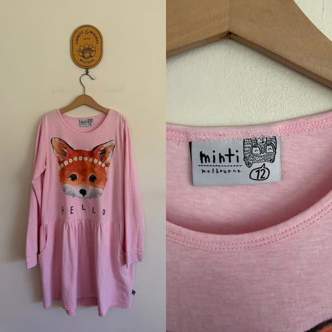 Minti l/s fox hello dress Sz 12 EUC