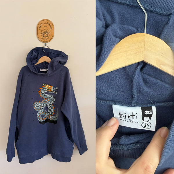 Minti blue skateboarding dragon jumper Sz 14 VGUC - fade