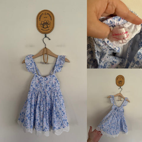 La Sienna blue floral lace hem dress and headband set Sz 1 as new