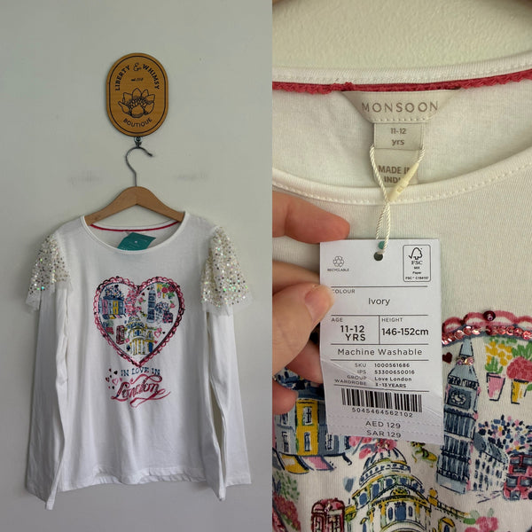 Monsoon l/s white heart tshirt Sz 11-12 RRP $47 NWT