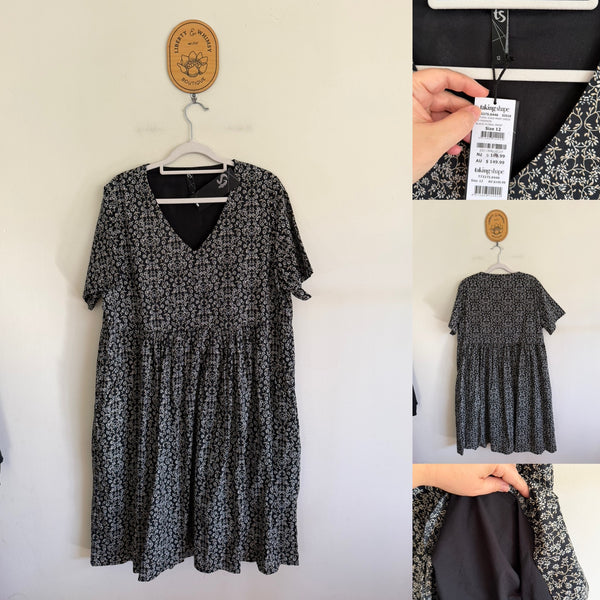 Taking Shape lined black floral print dress Sz 12 RRP $149.99 NWT