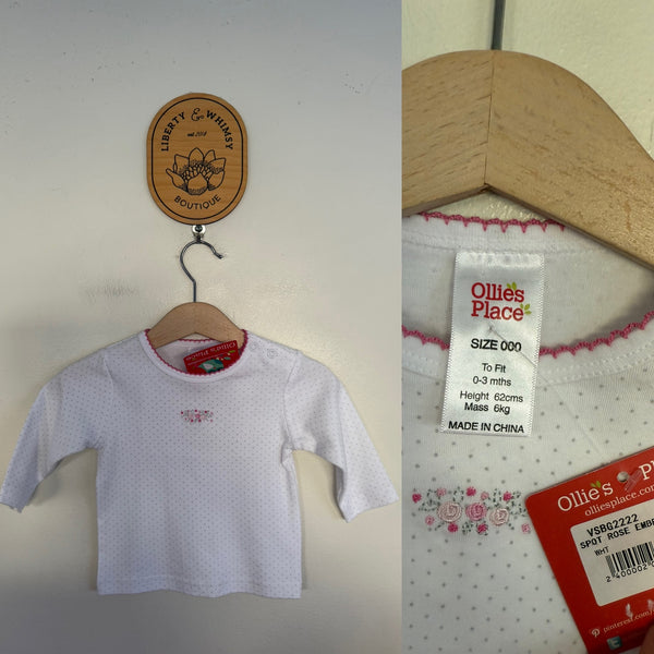 Ollie’s Place l/s spot rose top Sz 000 NWT