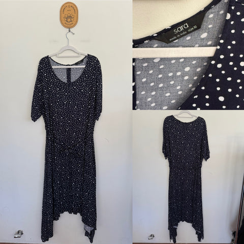 Sara navy spot belted dress Sz 16 as new (washed only)