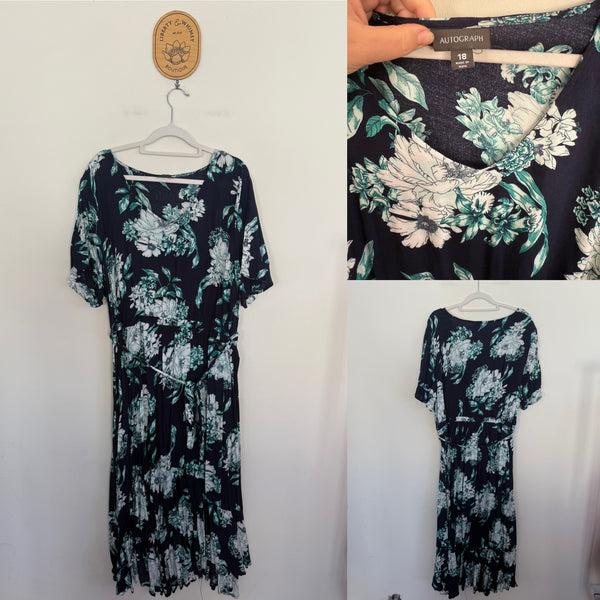 Autograph navy/green floral belted dress Sz 18 as new (washed only)