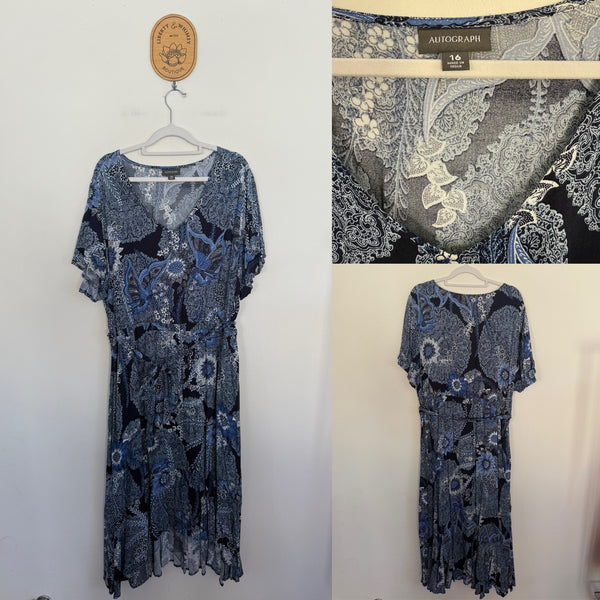 Autograph blue Paisley belted dress Sz 16 as new (washed only)