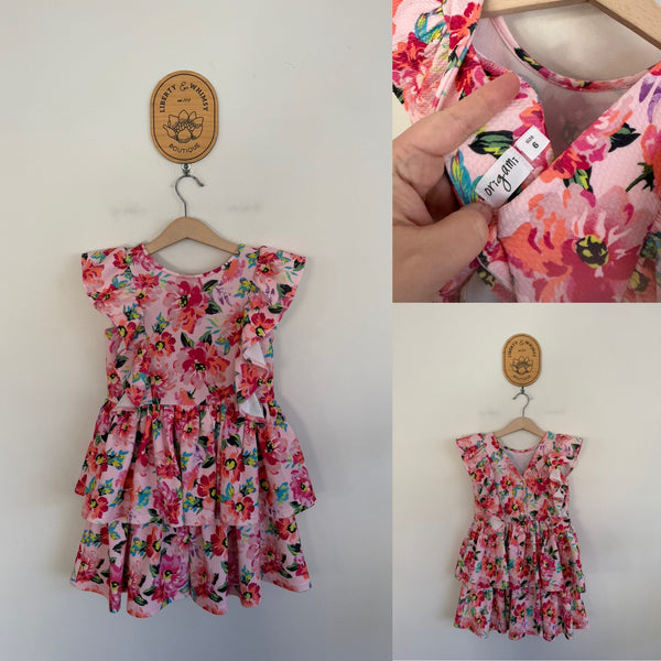 Origami pink floral ruffle dress Sz 6 as new/EUC