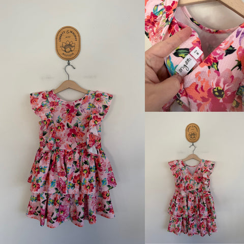 Origami pink floral ruffle dress Sz 6 as new/EUC
