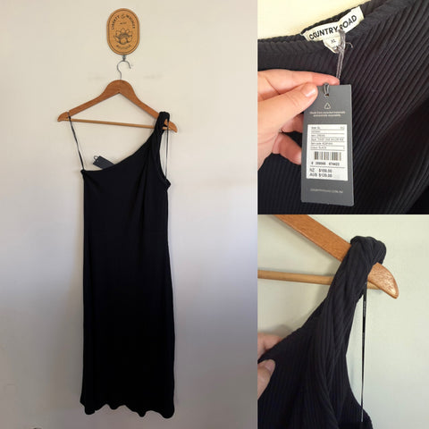 Country Road black twist one shoulder rib dress Sz XL RRP $139 NWT