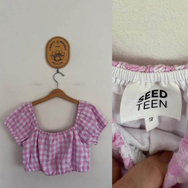 Seed Teen purple gingham crop top Sz 12 as new