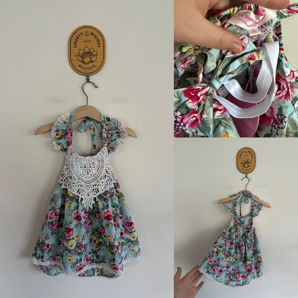 La Sienna blue floral lace front dress & headband set Sz 0 NWT