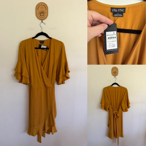 City Chic l/s butterscotch ruffle wrap dress Sz S 16 RRP $119.95 NWT