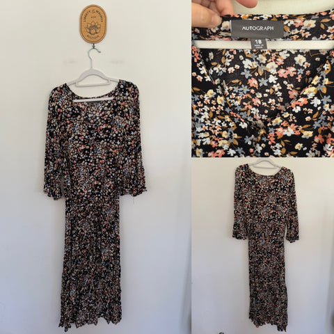 Autograph black ditsy floral hi-lo dress Sz 18 as new