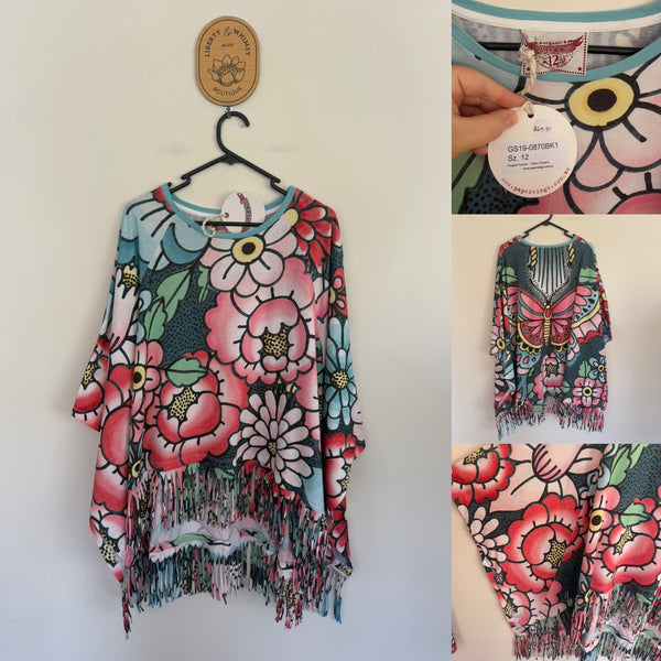 Paper Wings WOMEN’S tattoo flowers fringed poncho top Sz 12 RRP $69.95 NWT