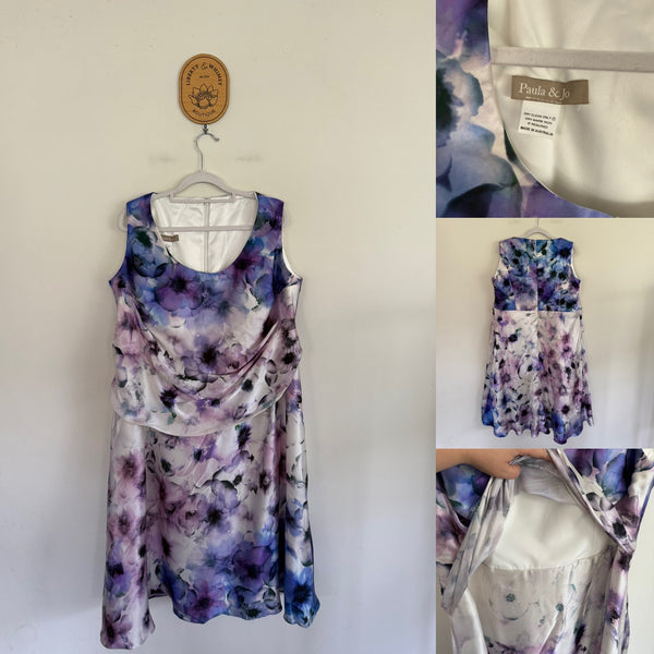 Paula & Jo handmade floral silk dress & shawl set Sz 14-16 NWOT