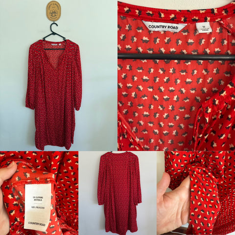 Country Road l/s red print dress Sz 16 as new, no belt
