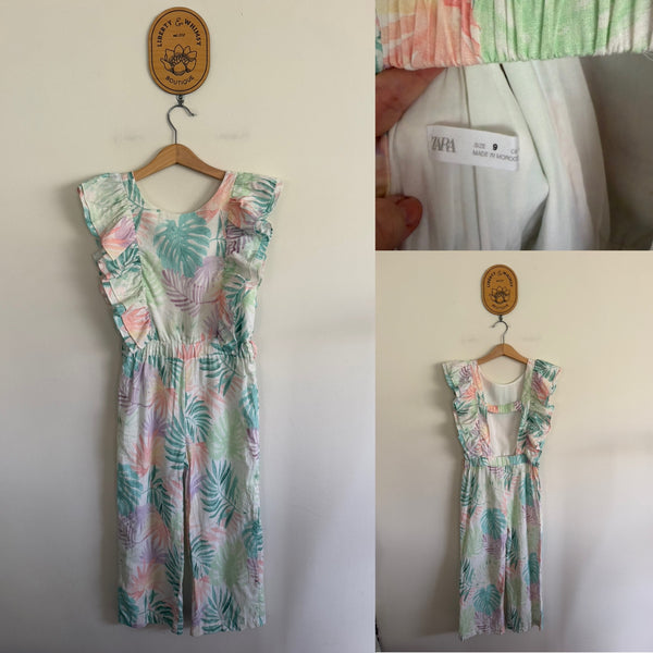 Zara Girl leaf print jumpsuit Sz 9 EEUC