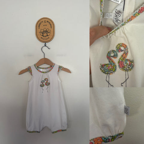 Bebe flamingos romper with liberty print trim Sz 00 EUC