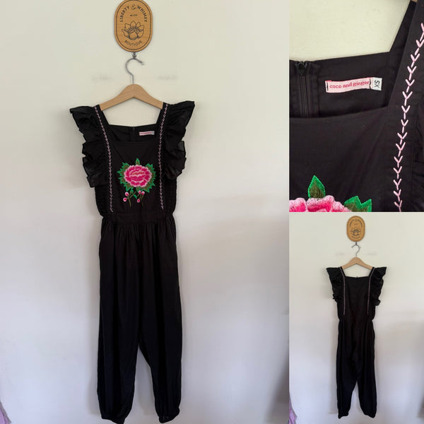 Coco & Ginger black embroidered jumpsuit Sz XS (approx 12 girls) NWOT