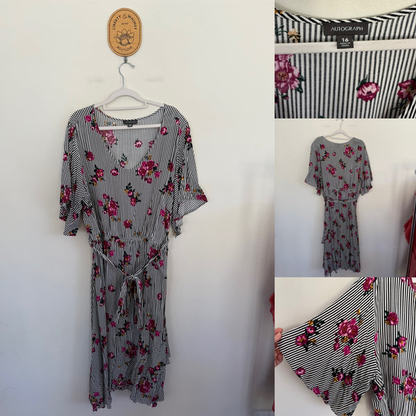Autograph stripe floral belted dress Sz 16 as new