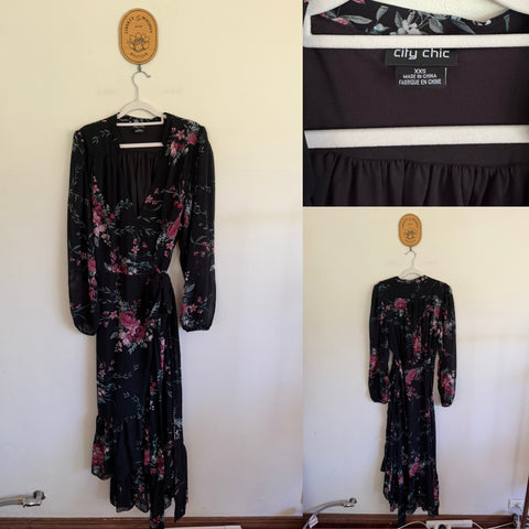 City Chic l/s black floral wrap dress Sz XXS 12 NWOT