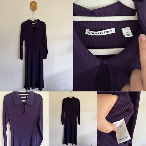 Country Road l/s purple ribbed dress Sz XL RRP $250 NWOT