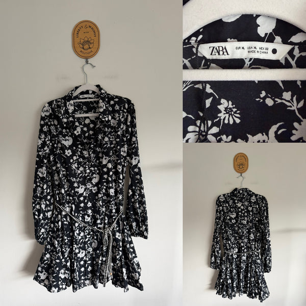 Zara Woman l/s black and white belted dress Sz XL as new