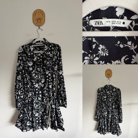 Zara Woman l/s black and white belted dress Sz XL as new