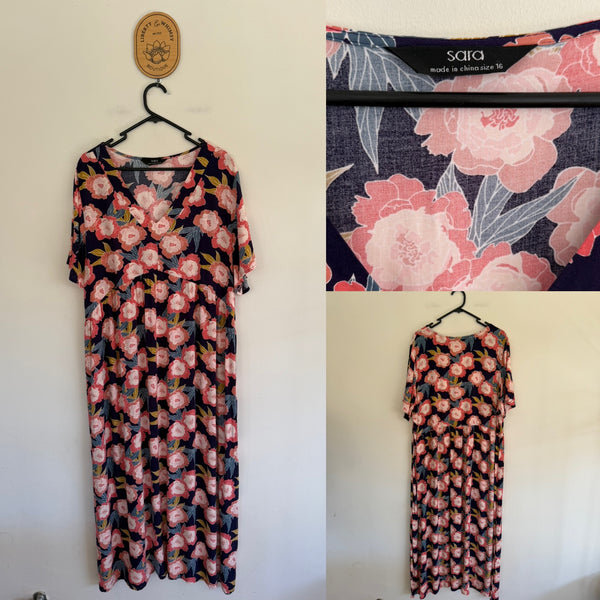 Sara navy floral dress Sz 16 EUC