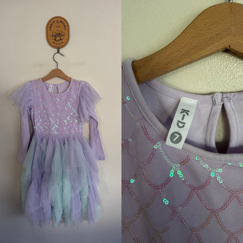 K-D purple l/s tulle dress Sz 7 EEUC