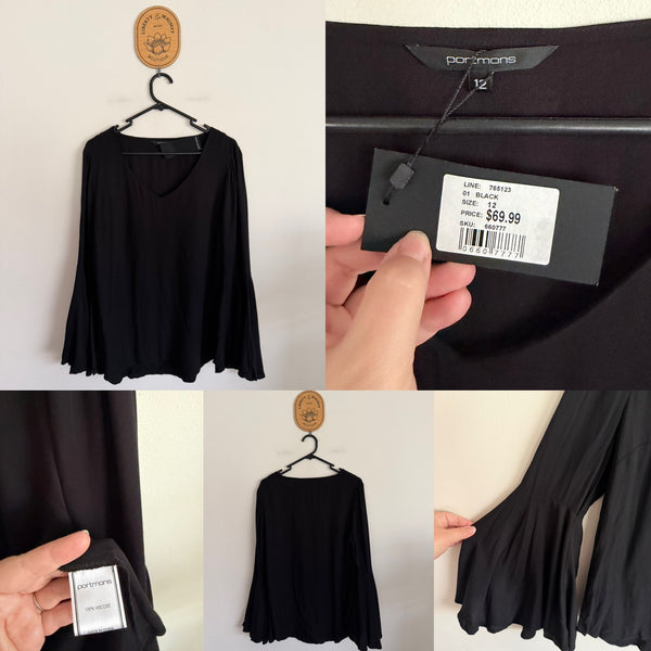 Portmans l/s black fluted sleeve top Sz 12 RRP $69.99 NWT