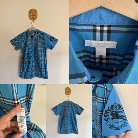 Burberry light blue check shirt with logo on shoulder Sz 14 EUC