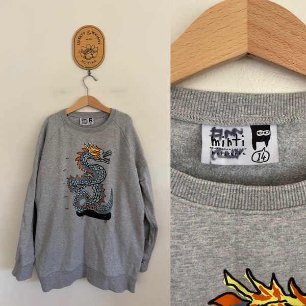 Minti grey skateboarding dragon jumper Sz 14 EUC - name on tag as pictured