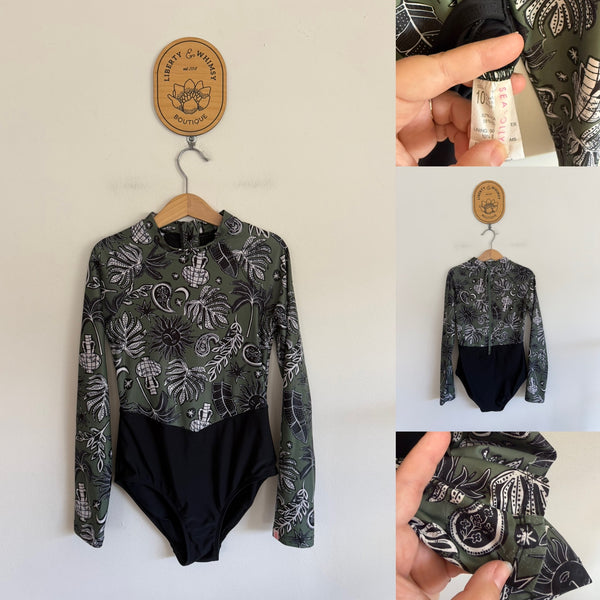 Seafolly l/s black print one piece swimsuit Sz 10 EUC - minor rubbing on wrists