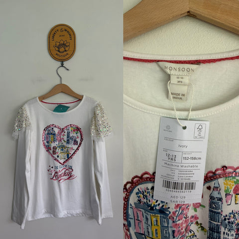 Monsoon l/s white heart tshirt Sz 12-13 RRP $47 NWT
