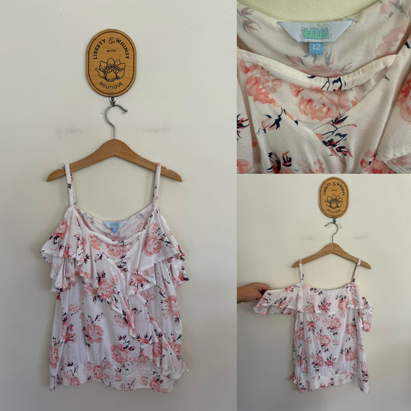 TILII floral cold shoulder top Sz 12 as new