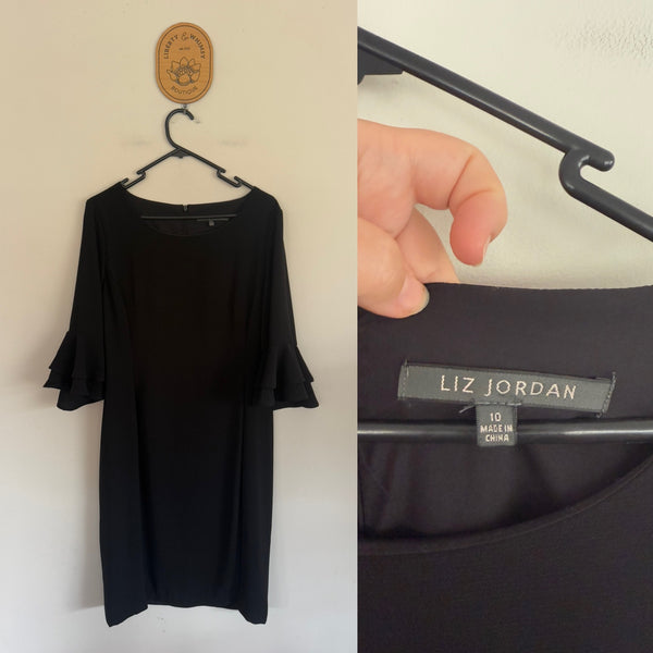 Liz Jordan black ruffle sleeve dress Sz 10 (generous size) EUC