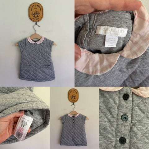 Burberry grey soft quilted dress with pink tartan collar Sz 3m NWOT