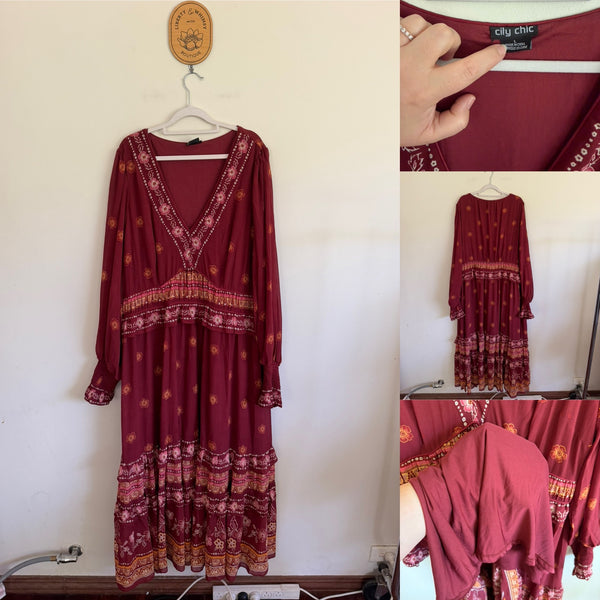 City Chic l/s dark pink print ruffle dress Sz L 20 NWOT