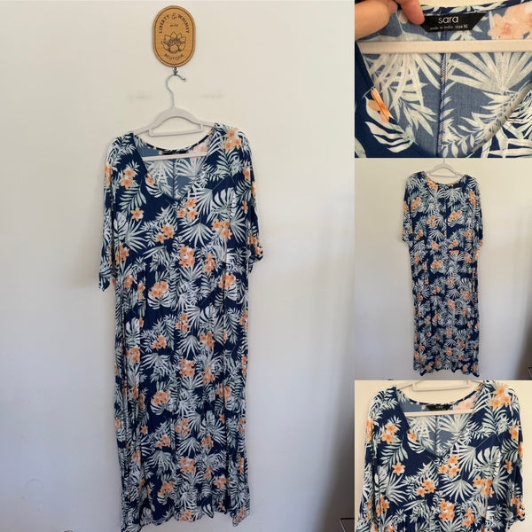 Sara blue leaf print dress Sz 16 as new worn once