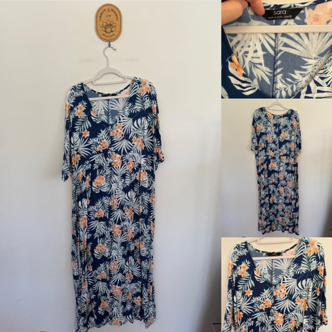 Sara blue leaf print dress Sz 16 as new worn once
