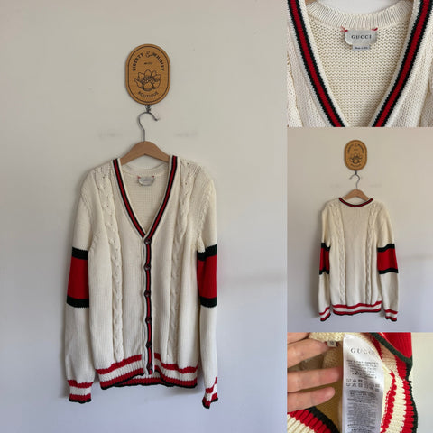 Gucci cream chunky cotton knit web cardigan Sz 10 as new