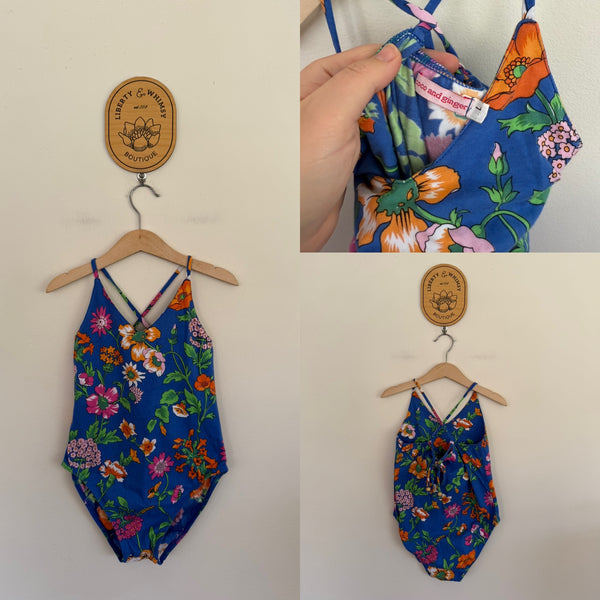 Coco & Ginger blue floral leotard Sz L (8-10) RRP $60 NWOT