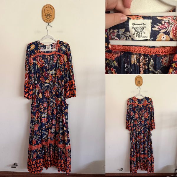 Dream Catcher navy floral maxi dress Sz 16 worn once, 1cm mended under left arm