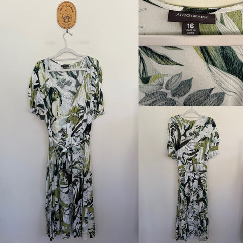 Autograph leaf print belted dress Sz 16 EUC worn twice