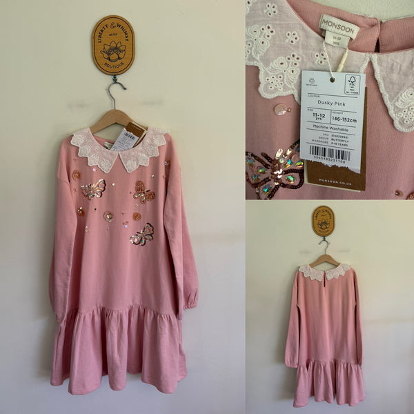 Monsoon dusky pink butterfly sequin dress Sz 11-12 NWT