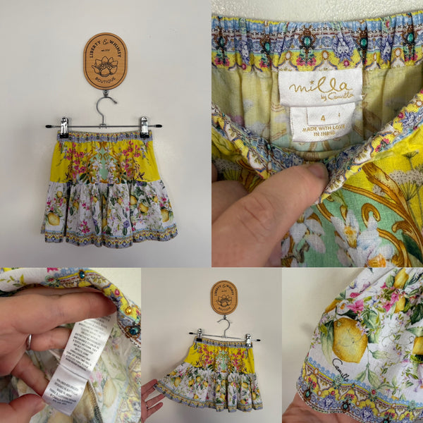 Camilla lemon floral linen/viscose skirt Sz 4 EEUC