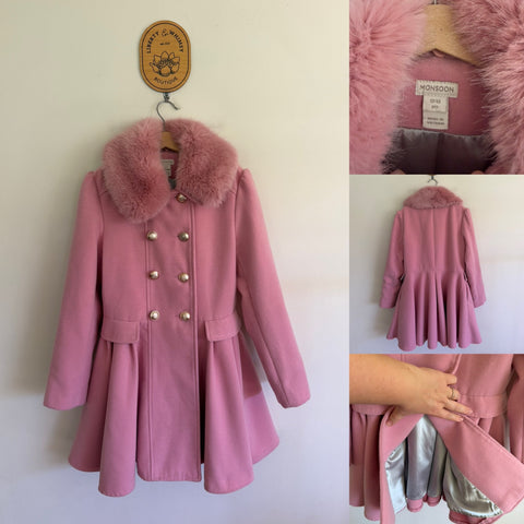 Monsoon satin-lined pink coat with fluffy shoulders Sz 12-13 EUC