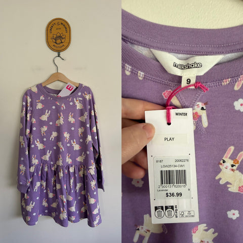 Milkshake l/s purple bunnies dress Sz 8 NWT